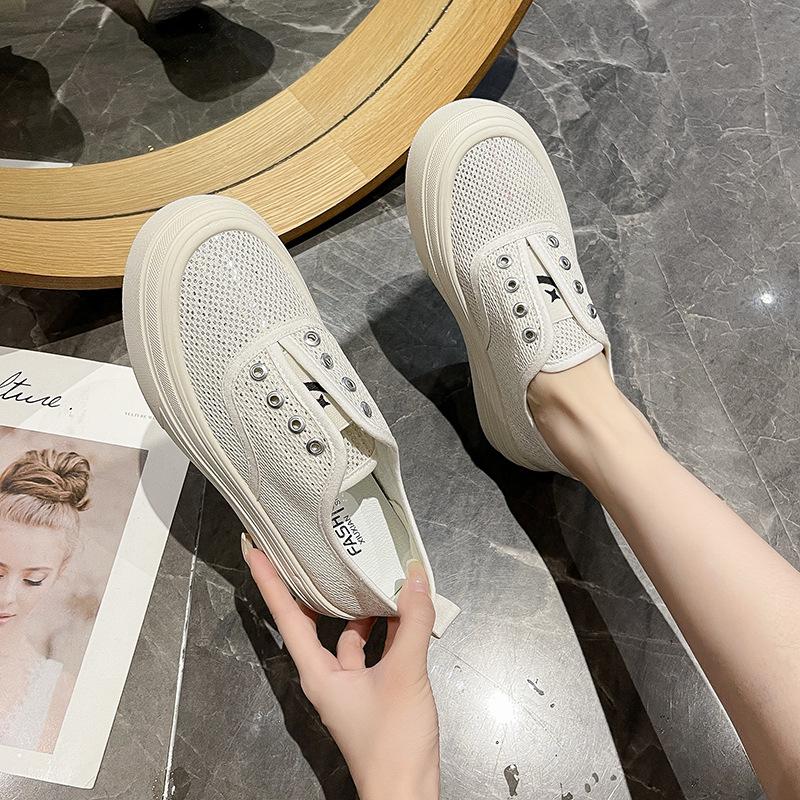 Mesh Breathable Sequins Little White Shoes Women's 2025 Summer New One-pedal Lazy Casual Versatile Platform Canvas Shoes
