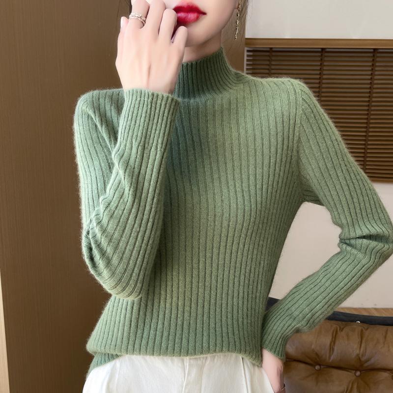Half-high Neck Pit Stripe Sweater Women Fall and Winter Warm Inner Slim Thin Knit Sweater Bottoming Shirt