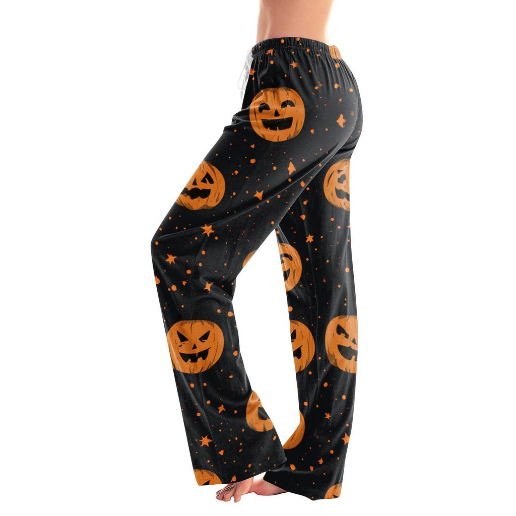 Women Loose Fit Casual Halloween Printed Pants Elastic Waist Relaxed Trousers with Pumpkin Pattern for Daily Wear