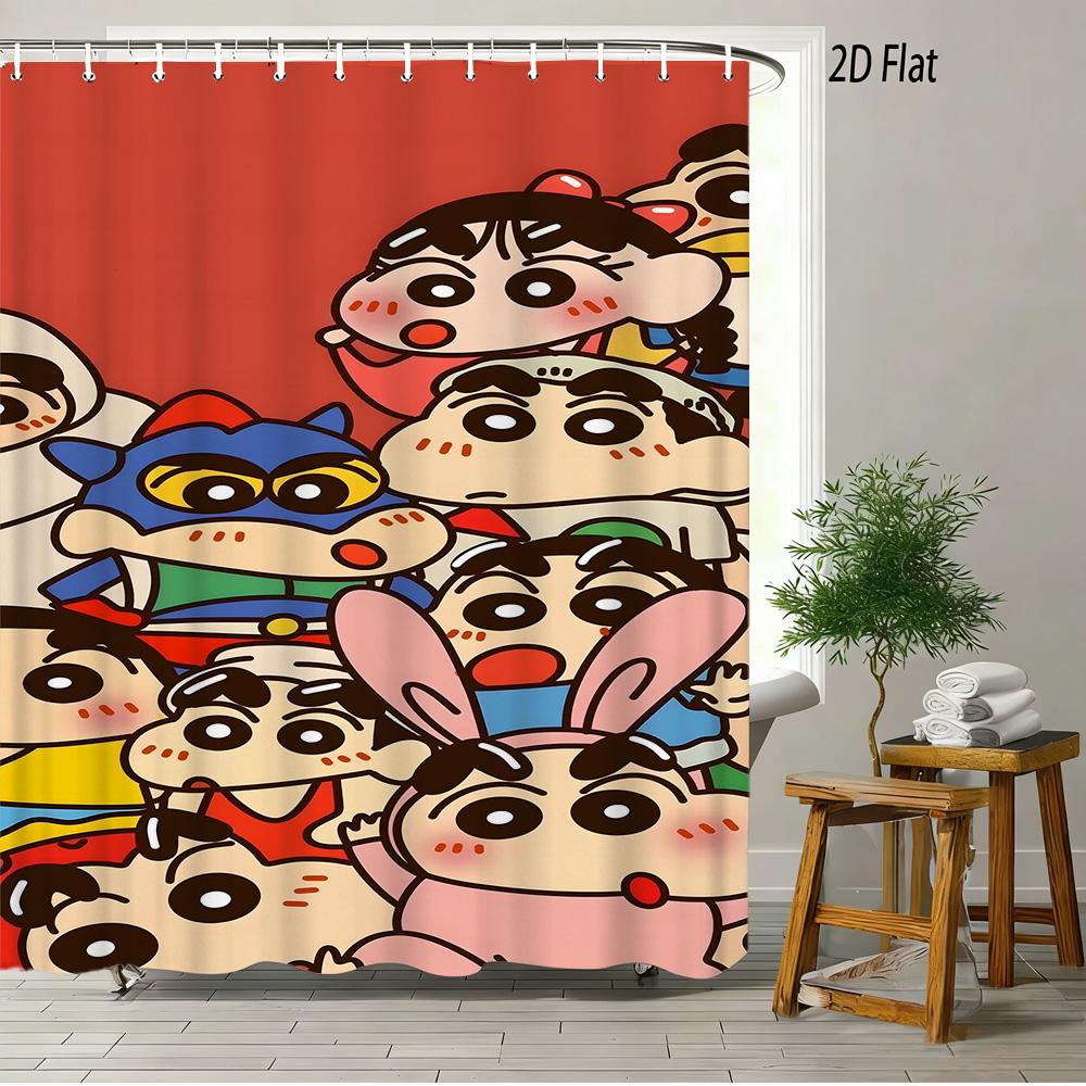 Crayon Shin-Chan Flame Ninja Z Themed 2D Print Waterproof Shower Curtain, Flying Shin-Chan With Family & Shiro Colorful Cityscap