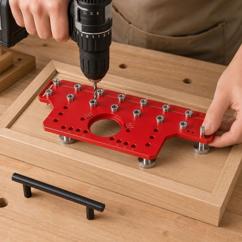 Cabinet Hole Drilling Guide with Aluminum Plate, Guide Bushings and Metal Parts for Shelf Pin Layout and Furniture Assembly Work Tasks