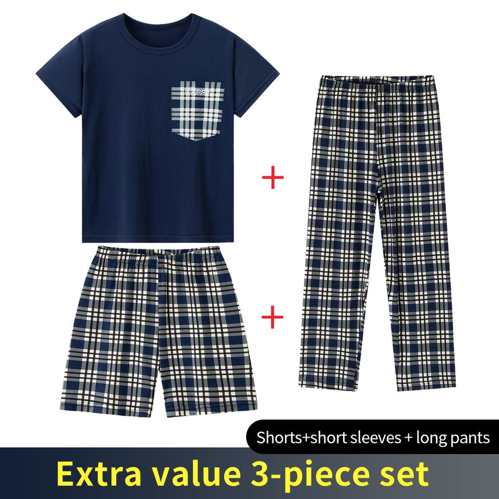 Xiaomi 3-piece Set Of Children's Seasonal Home Clothes For Boys And Girls Checkered Printed Short Sleeved Shorts And Pants Combination