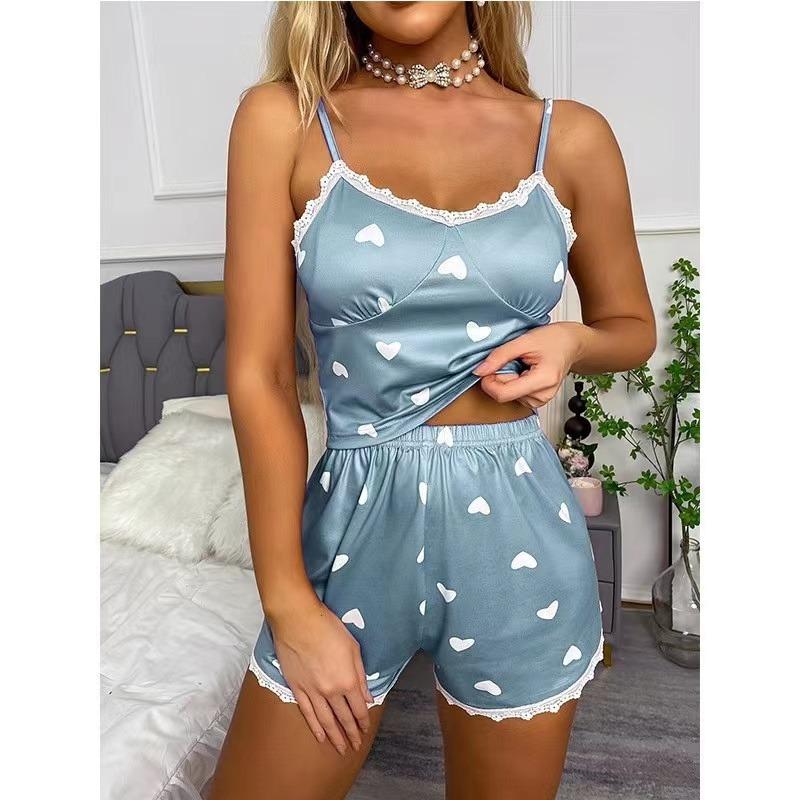 

Жіночий топ і шорти з принтом і V-подібним вирізом на підтяжках з двох частин Жіночий повсякденний піжамний комплект з принтом 2XL синій