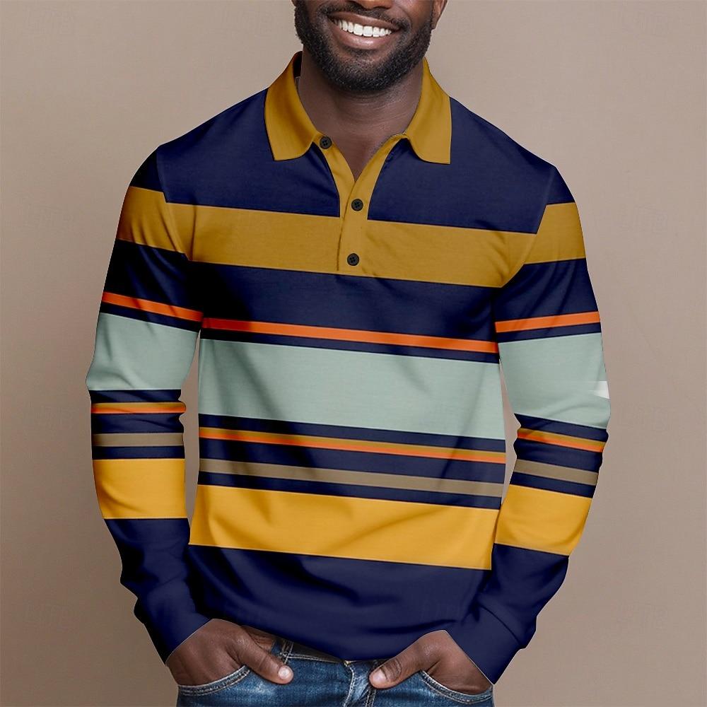 

Мода 2025 Мужская поло с длинным рукавом в полоску Дышащий деловой кэжуал топ Приталенный Быстросохнущий Классический воротник Разные цвета 3XL темно-синий