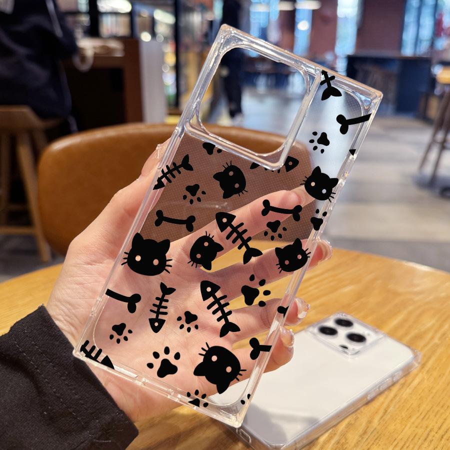 Simple and Creative Cute Fish Cat Claw 14 Plus 13 Pro Max 12 11 Rectangular Right Angled Straight Edge 15 Transparent Phone Case for Iphone 16 Promax