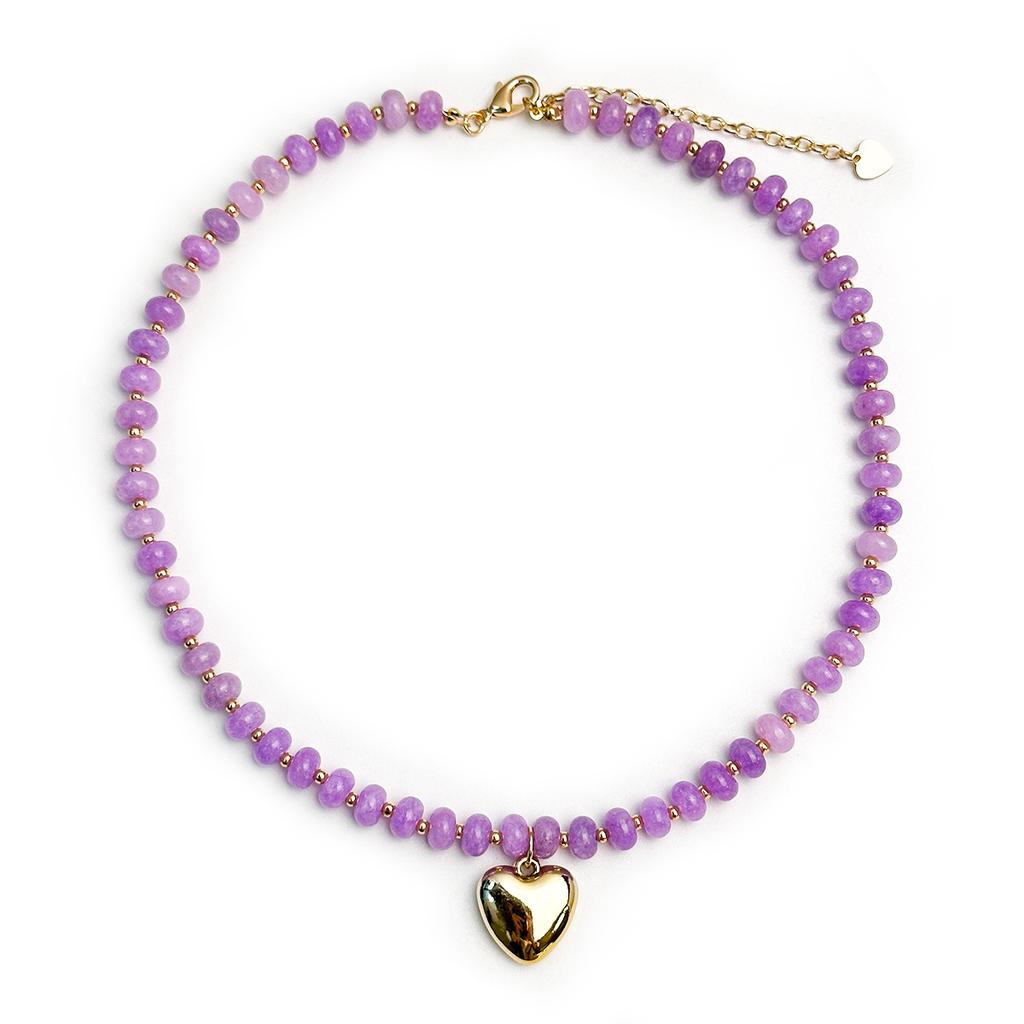 Gold Color Stainless Steel Puffy Love Heart Pendant Necklace Women Colorful Natural Stone Choker Summer Stackable Beach Jewelry