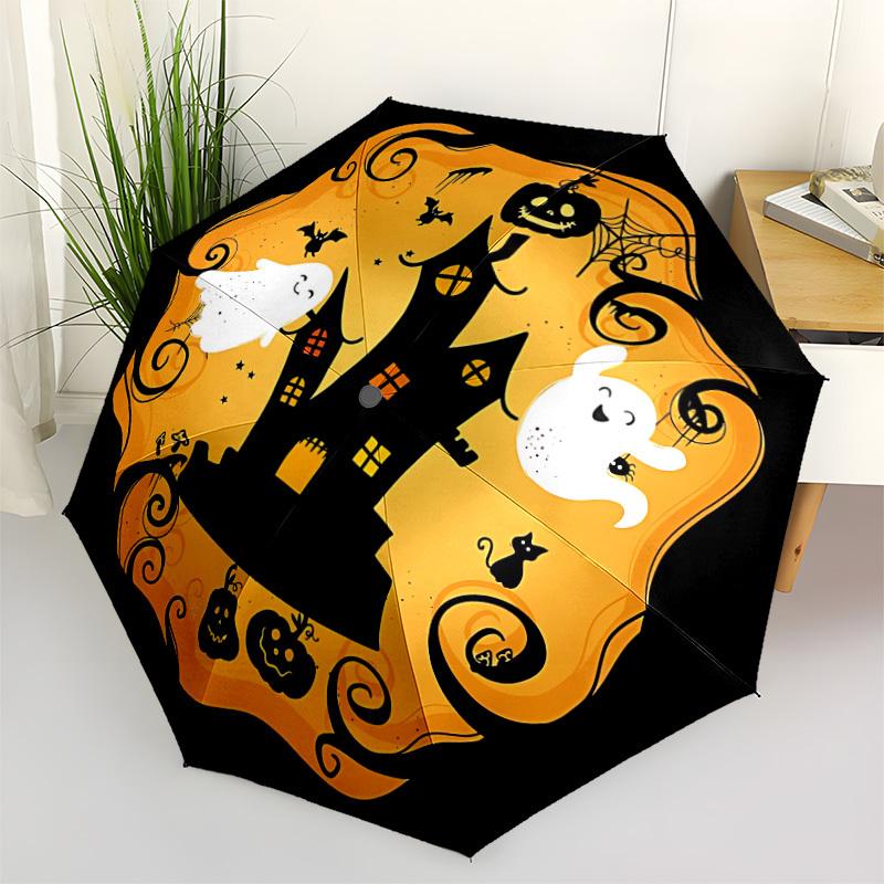 1pc The Ghost of the Haunted House On Halloween Automatic Folding Umbrella, Lightweight Retractable Compact Travel Umbrella, 8-Rib Sturdy Frame091