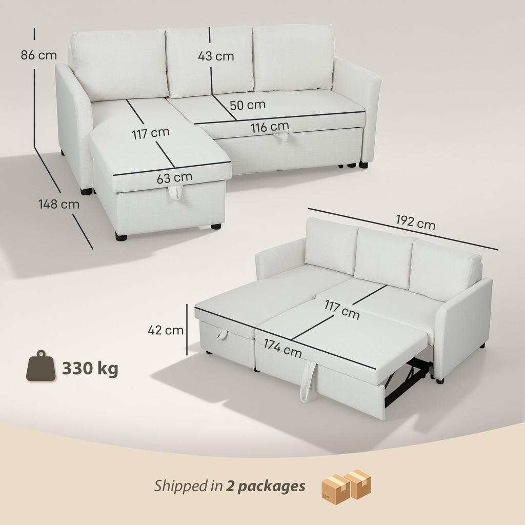 Corner Sofa Bed Linen Effect with Hidden Storage Compartment, 192x148x86 Cm, Cream White