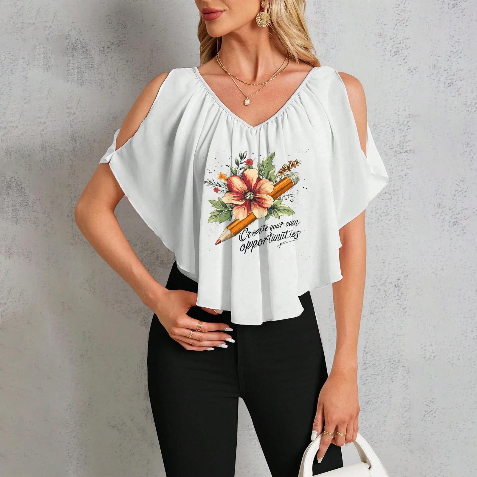 Women s Casual V-Neck Off-Shoulder Hawaiian Print T-Shirt S
