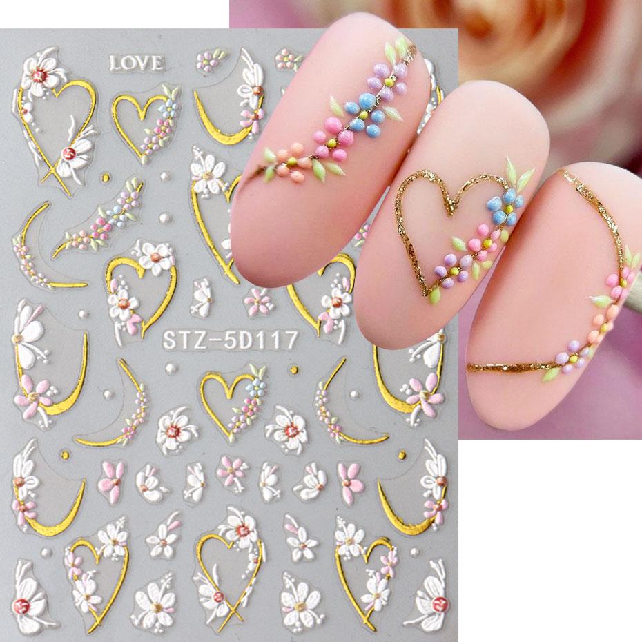 5D Embossed Kawaii Floral Gold Line Sliders Spring White Flowers Nail Stickers DIY Petals Wedding Nails Decals Accesories