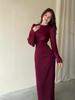 2024 Solid Color Elegant Ruched Bodycon Dress with Waist-Hugging Design and Long Sleeves