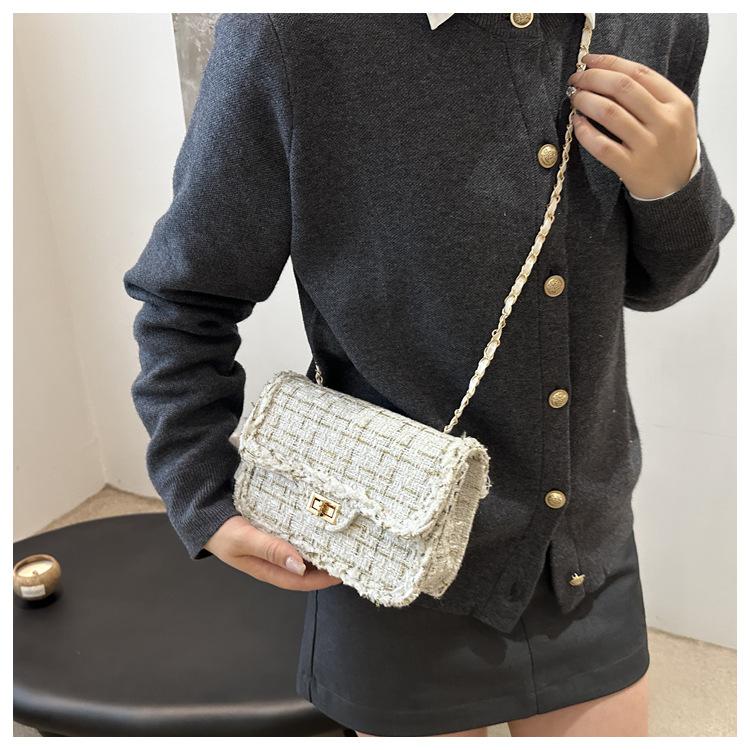 Women's Tweed Chain Small Square Bag Fashionable Single Shoulder Crossbody Bag Vintage Minimalist Handbag