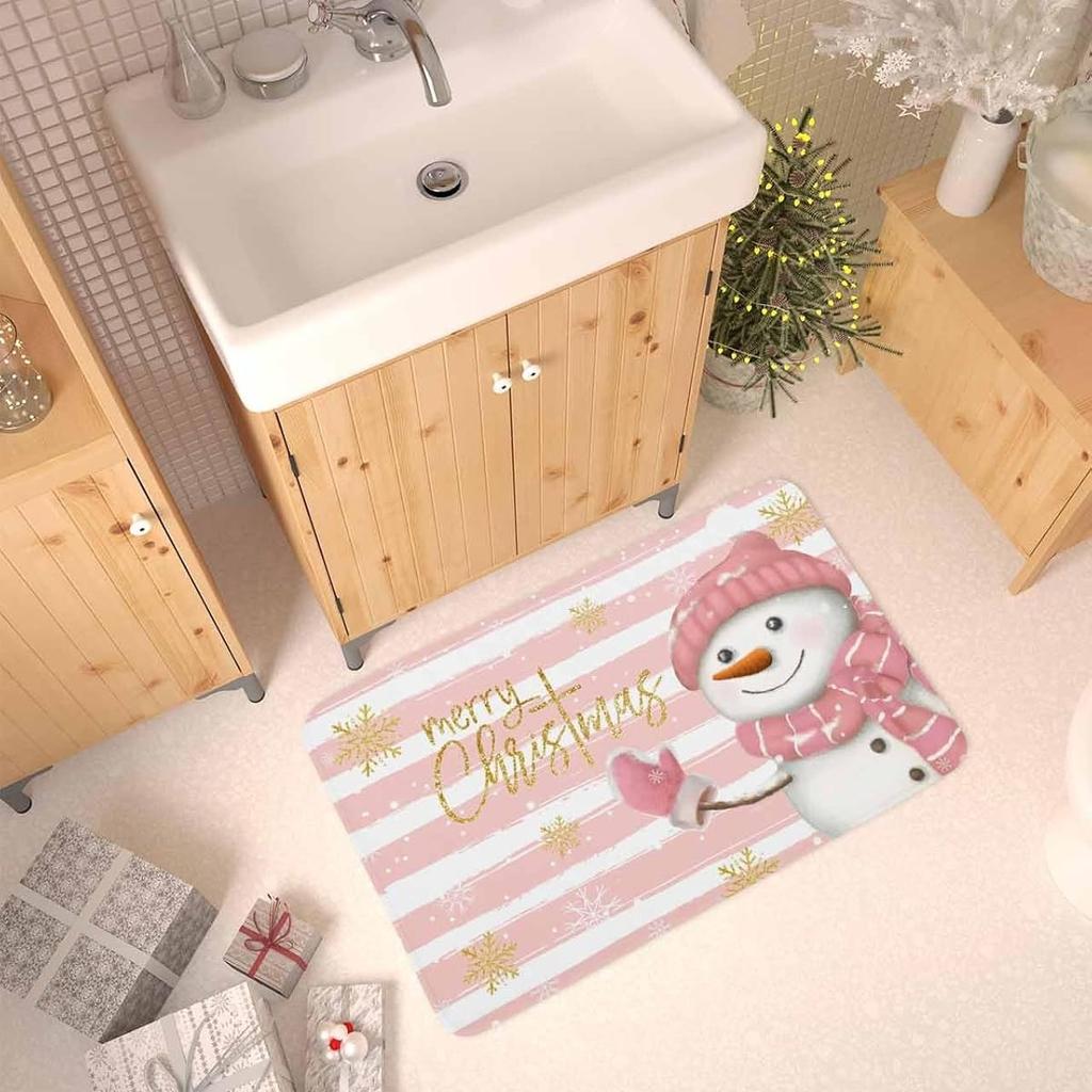 Christmas Pink Snowman Striped Non-slip Rug Living Room Entrance Welcome Door Mat Bedroom Bedside Foot Mat Christmas Decorations