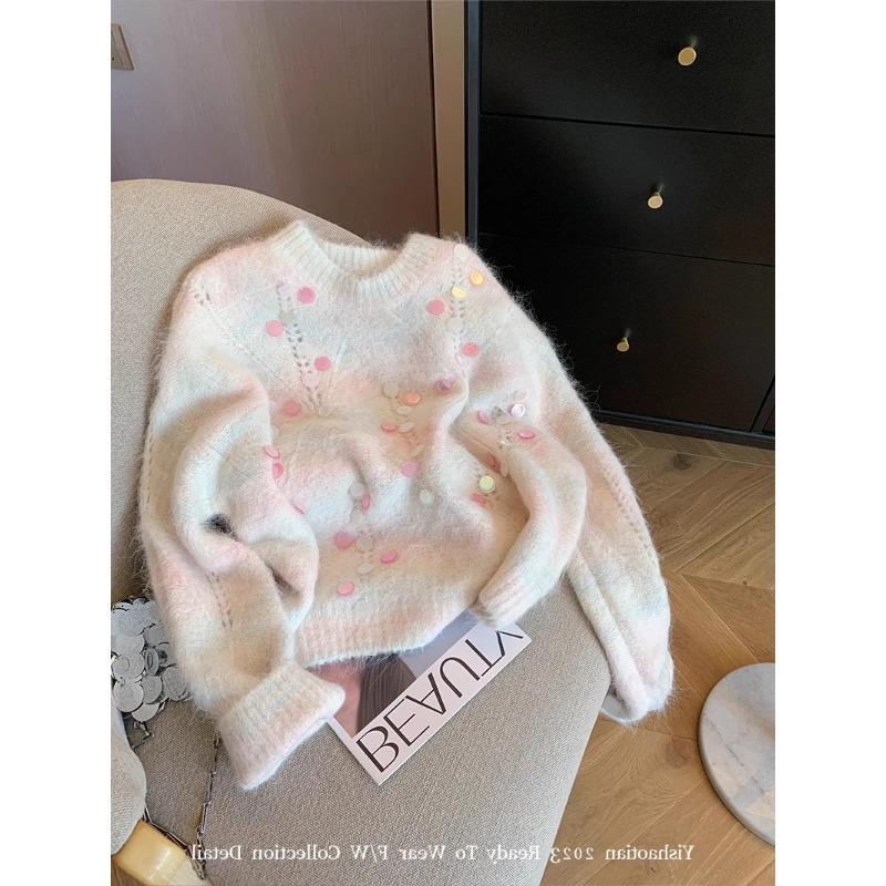 

Женский свитер с пайетками с круглым вырезом, осенне-зимний, новый дизайн, чувство тяжелой промышленности, мягкий, восковой, ленивый ветер, свободный, утолщенный вязаный свитер one size fits all