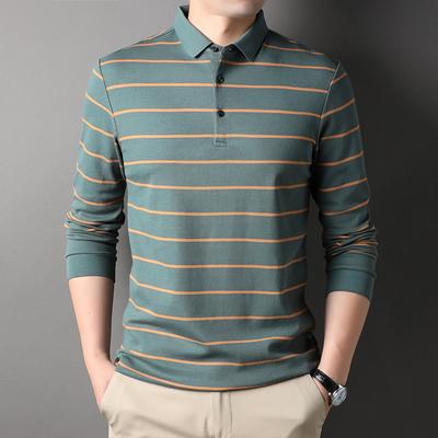 Autunno Nuovo Abbigliamento da Uomo di Mezza Età e Anziano Polo in Cotone con Rever Maglietta a Maniche Lunghe a Righe da Uomo