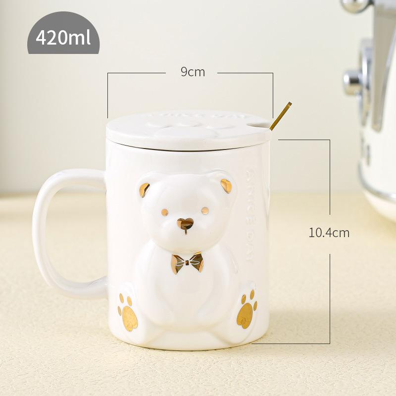 Lehký luxusní kreativní reliéfní hrnek s medvídkem s víčkem a lžičkou, velkoobjemový keramický jednoduchý domácí pohár na vodu, dárková krabička