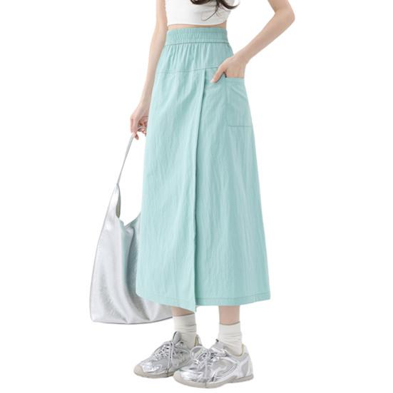 Women Cargo Pants Elastic High Waist Wide-Leg Skirt Pants with Pockets Solid Color Summer Thin Leisure Trousers