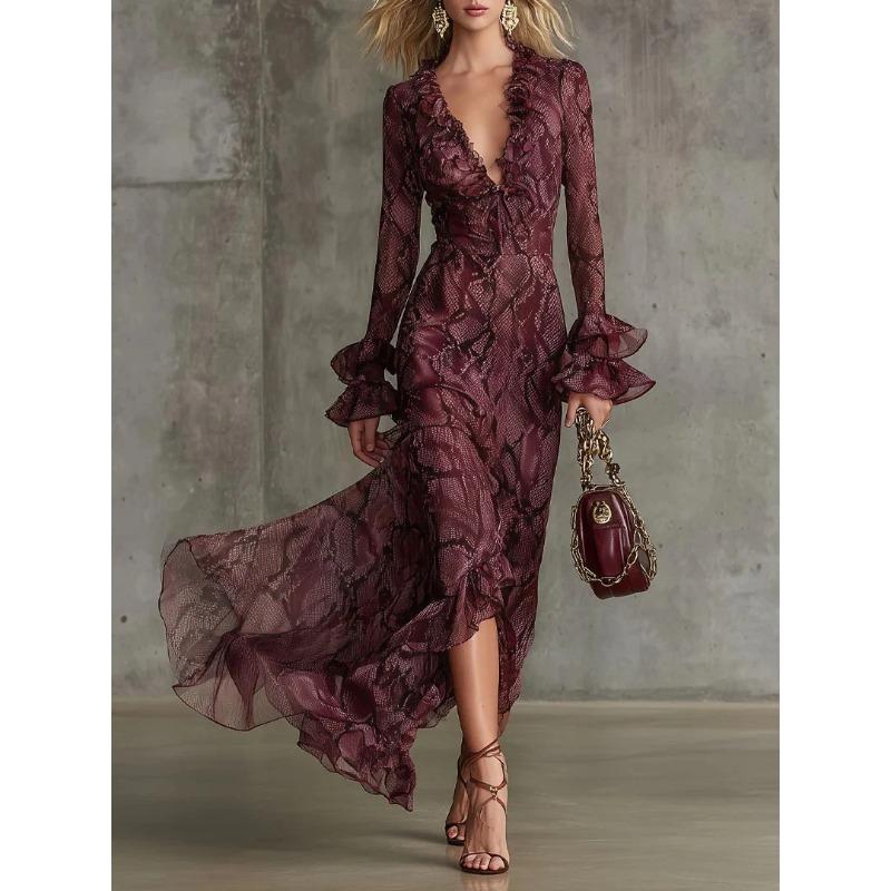 

2 Women s Clothing, Flared Sleeve Tether V-Neck Dress Long Sleeve Dress Long Dress S темно-красного