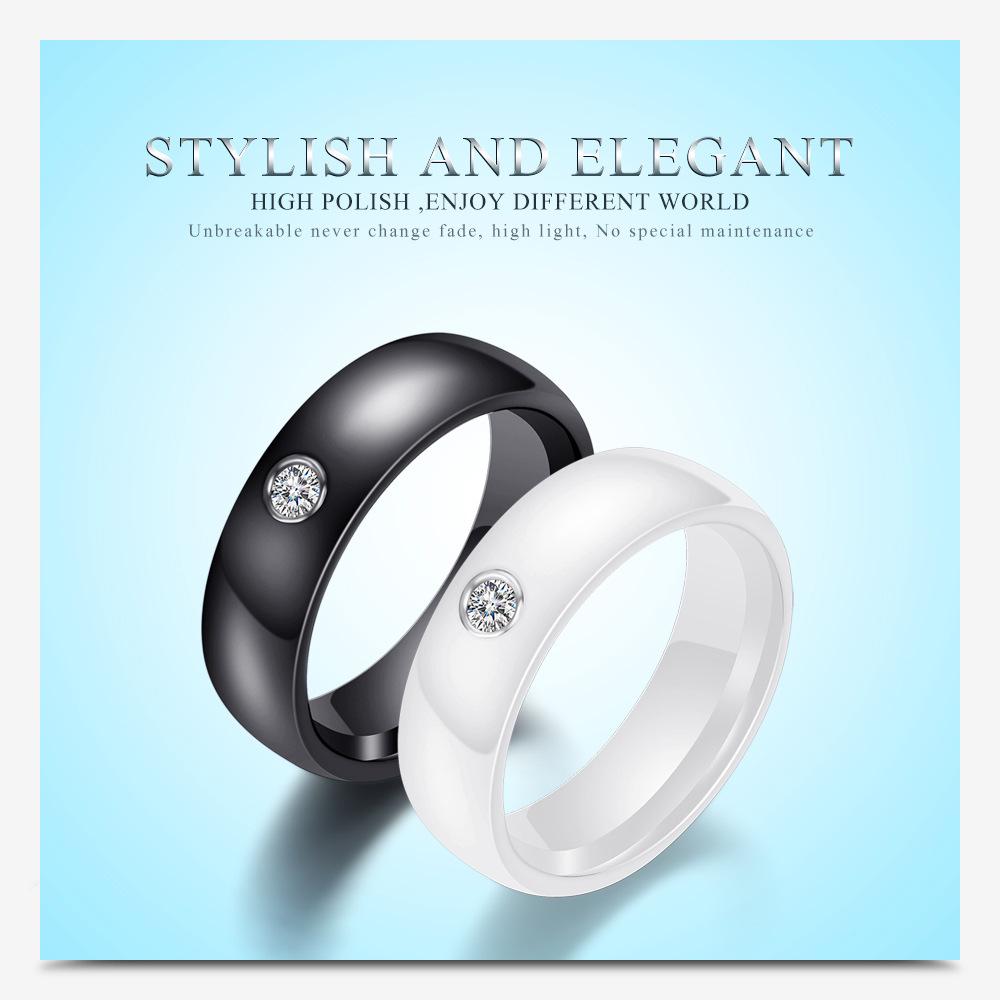 6MM Black & White Ceramic Single Diamond Ring - Trendy Couple's Fashion