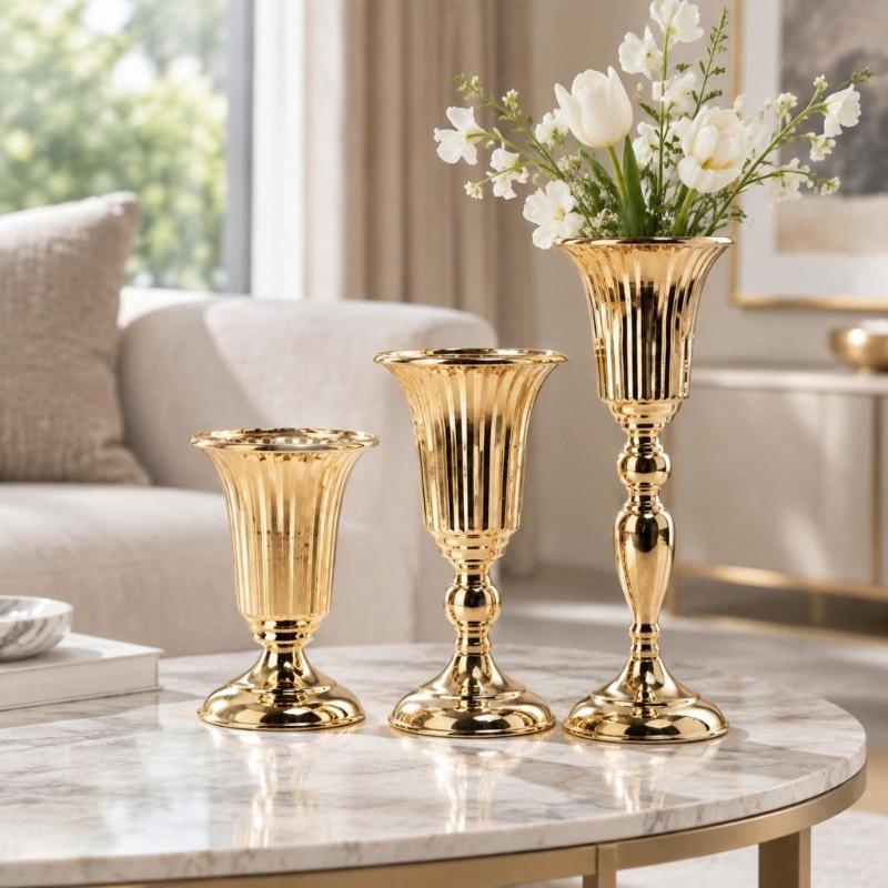 Vases trompettes Support à fleurs Centres de table, Vases urnes avec finition dorée, Corps cannelé et base large pour présentoirs décoratifs d'intérieur