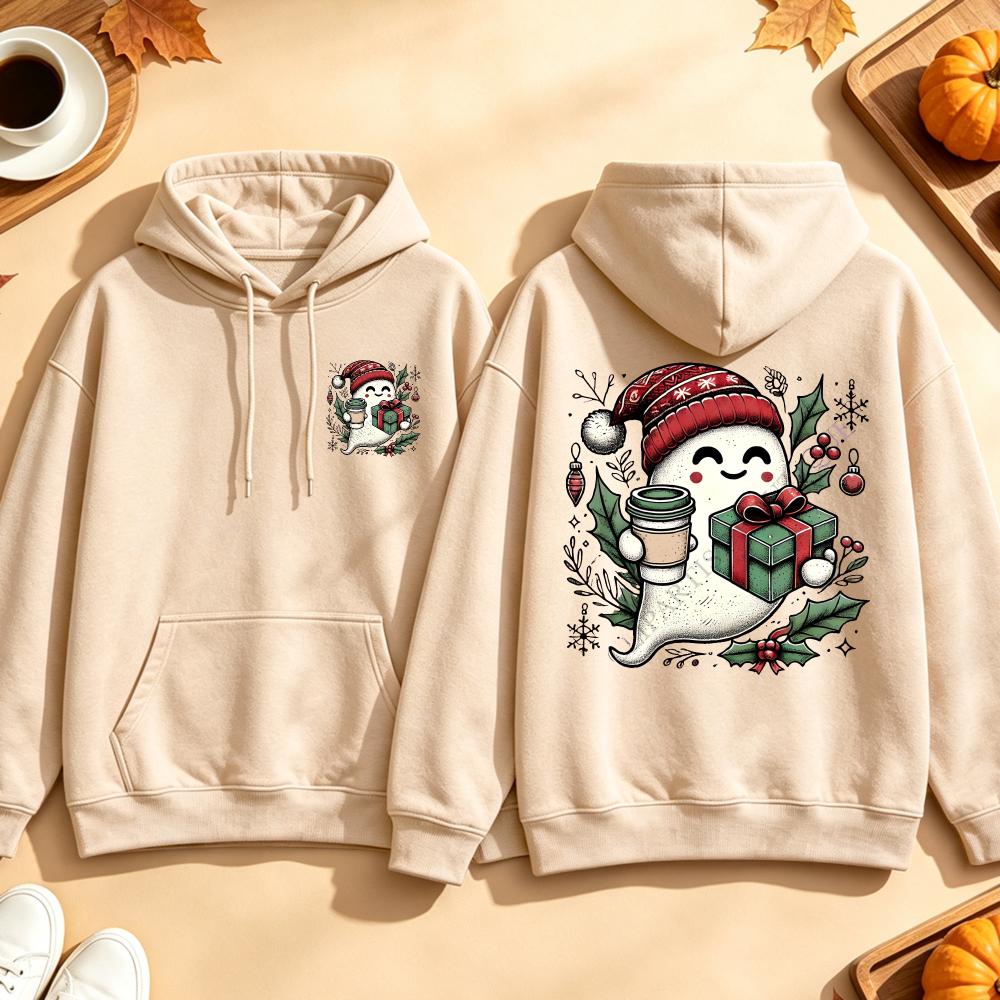 Cute Ghost Coffee Christmas Sweatshirt Santa Hat Gift Graphic Pullover Spooky Xmas Casual Loose Tops Men Hoodies Women