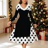 Women Polka Dot Print Midi Dress, Long Sleeve V‑Neck Furry Trim A‑Line Party Dress, Christmas Limited Edition
