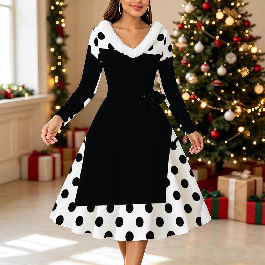 Women Polka Dot Print Midi Dress, Long Sleeve V‑Neck Furry Trim A‑Line Party Dress, Christmas Limited Edition