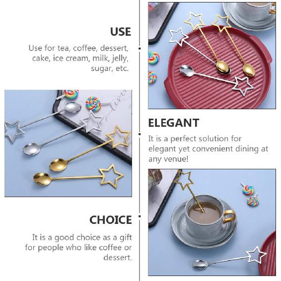 Hemoton Five-Pointed Star Dessert Spoon Set Stainless Steel Gold Coffee Tea Ice Cream Spoons 5.7 Inch Star Handle Flatware for Kitchen Dining
