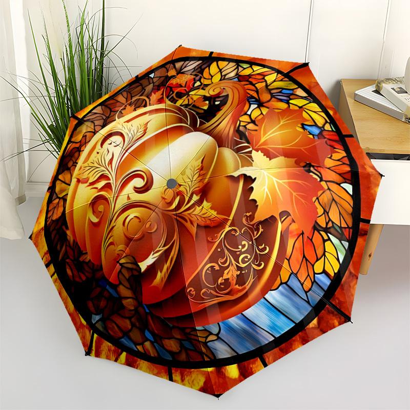 

1pc Autumn Pumpkin Automatic Umbrella - Stylish, Durable, with 8-Rib Manual Open Design, Elegant Black Handleyy250920196