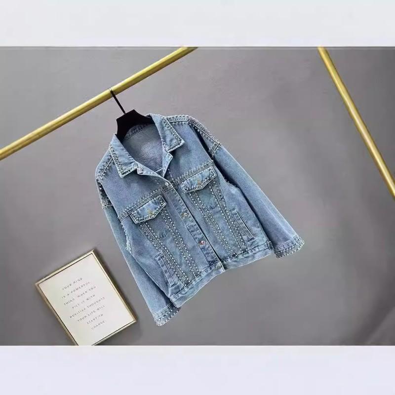 Womens Denim Jacket With Embellished Beading Rhinestones Loose Fit Blue Outerwear Casual Office Wear