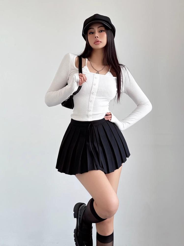 Šedá skládaná sukně Dámské Šněrovací Léto Preppy Styl Nízký pas Y2K Mini Krátké sukně Culottes Bílé