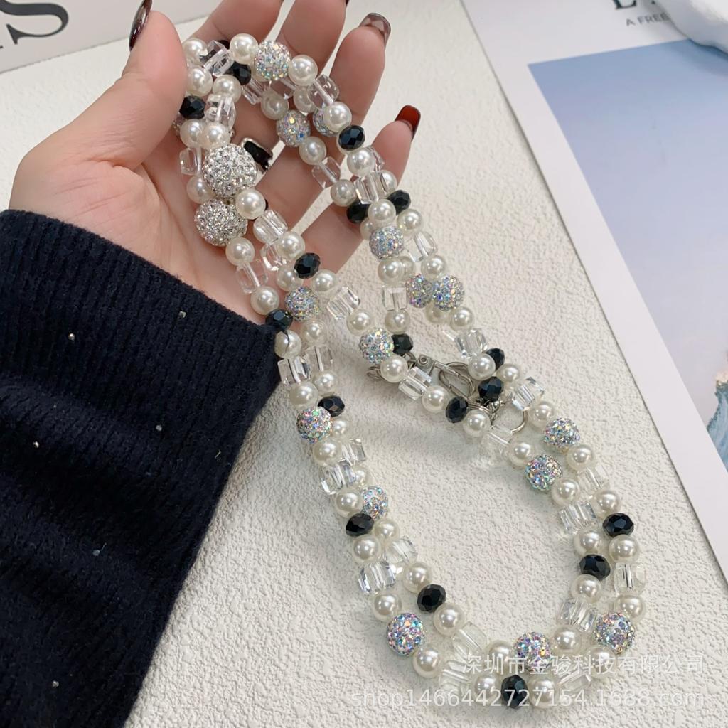 New Crystal Phone Chain High-End Feel Phone Strap Crossbody Wearable Fashion Rhinestone Ball Pearl Neck Strap Wholesale