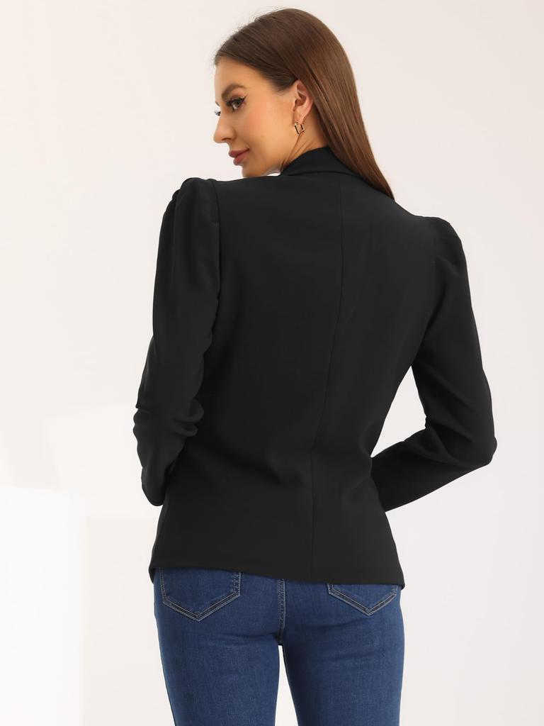 Allegra K Women's Suit Blazer Jacket, Work/Office/Casual, Open Front, Puff Sleeves, Commuter Coat, Black, Size L