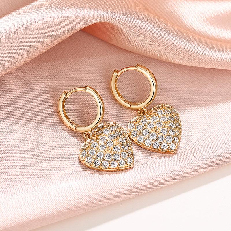 Zircon-Inlaid Love Peach Heart Earrings For Women, Fashionable Temperament Yellow-Gold Jewelry, Popular Daily Elegance