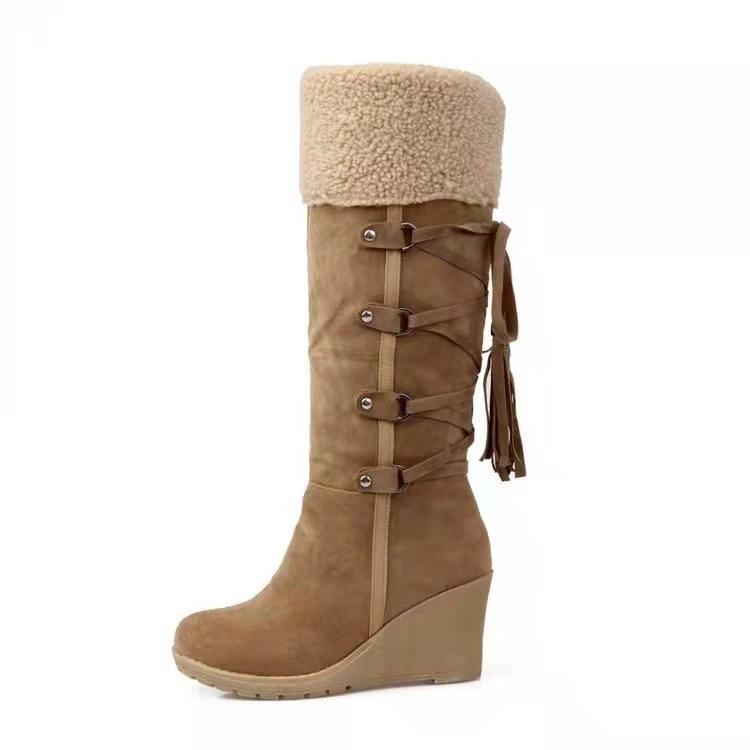 Autumn and winter new large size rear lace-up fringed high boots sleeve slope heel snow boots