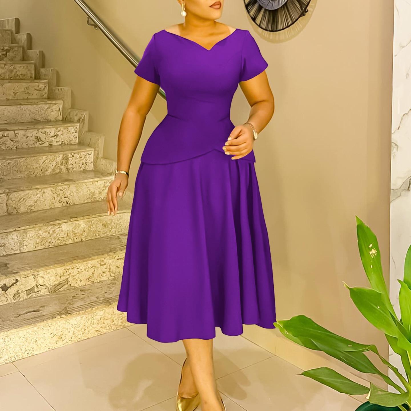 

Women Short Sleeve Dresses 2026 New V Neck Solid High Waist Pleated Female Party Dress S фиолетовый