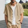Yousheng Men's Linen Hooded Shirt Solid Color Short Sleeve Shirt Loose Fit Button Down Summer Casual Top for Beach Daily Wear Office Travel