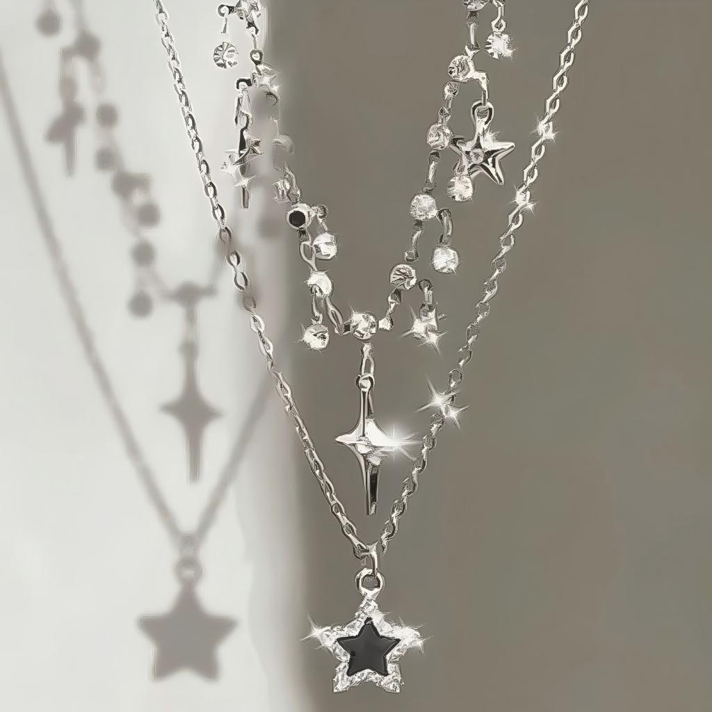 Trendy Vintage Black Star Cross Pendant Multi Layer Chain Necklace for Women Gothic Y2K Charm Jewelry Accessories Wholesale