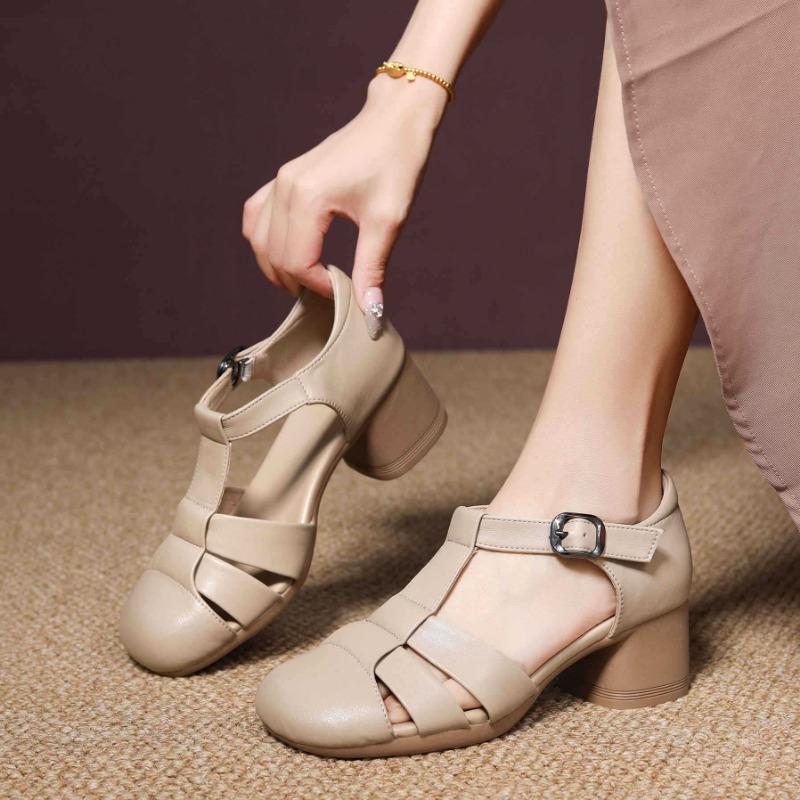 New summer first layer cowhide sandals women's retro sandals with skirt thick heel pig cage shoes