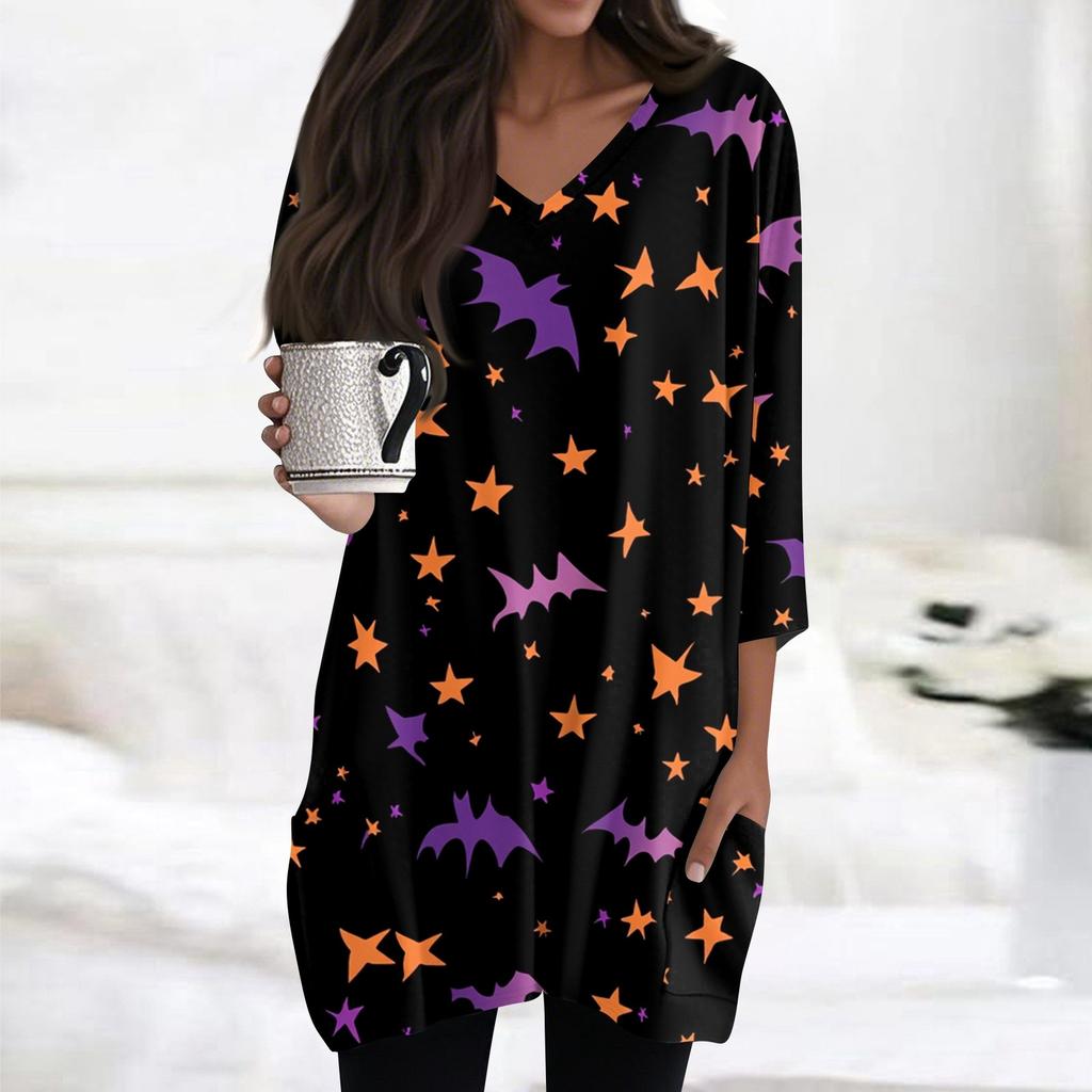 Womens Tops V-neck 3/4 Sleeve Blouses Casual Mid-length Shirts Fashion Halloween Print Tunic Tops With Pockets