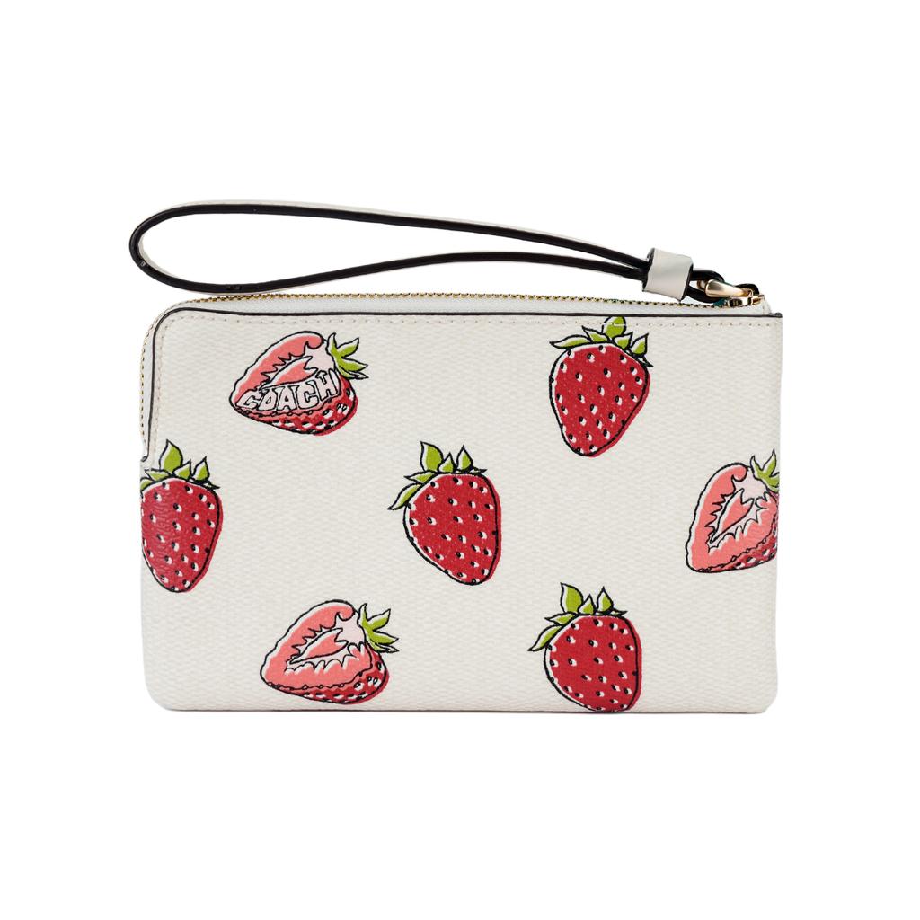 Coach Corner Zip 16 Strawberry Print Leather Clutch Small Women Clutch Chalk Red CBB81-IMCAH