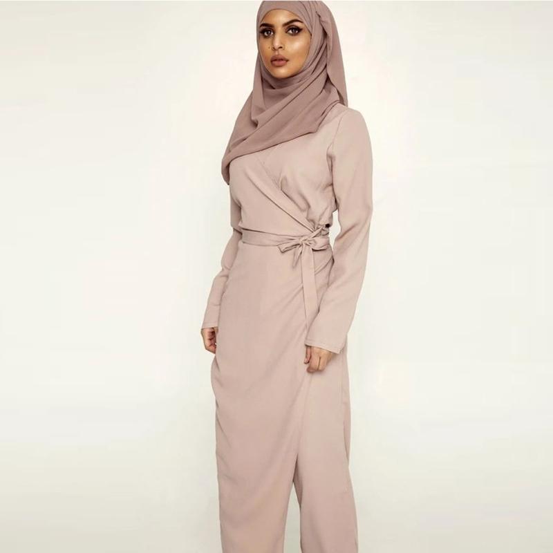 Muslimische Damenmode für Frische Einfarbige Overalls Kleider Abaya Dubai Türkei Islam Schnürung Hoher Bund Kleidung Langarm