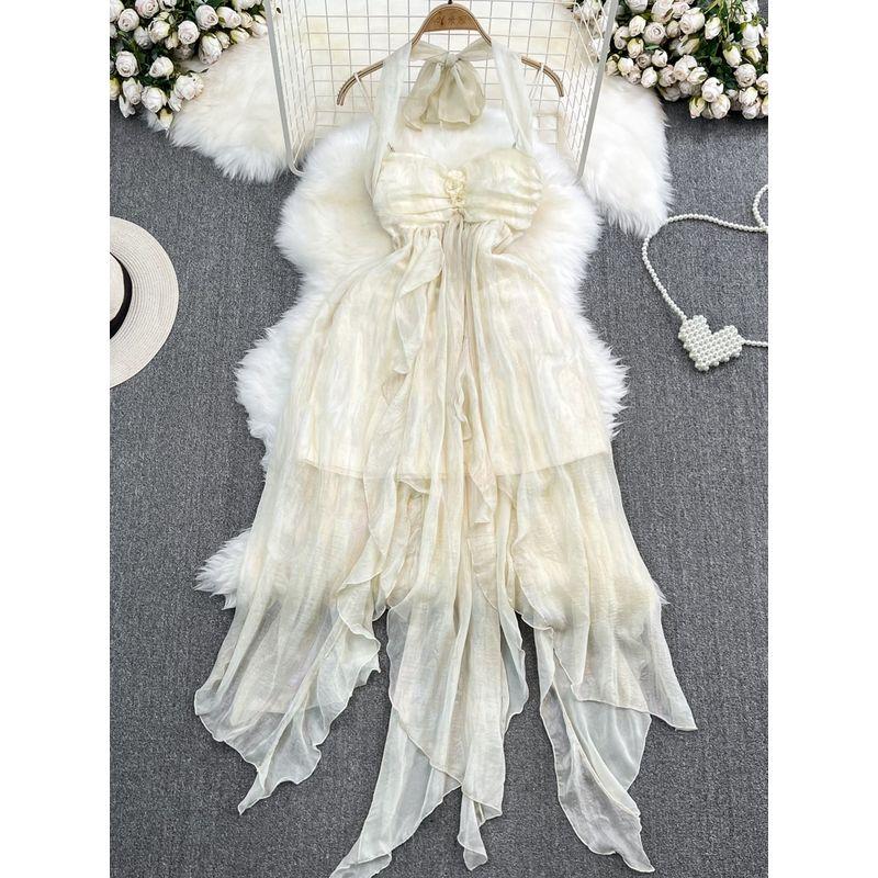 Chic Open Back A- line Fairy Dress Seaside Vacation Halterneck