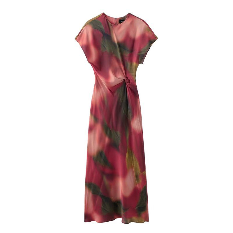 

2024 Summer New Arrival Elegant Silm Short Sleeve Bow Tie Silk Satin Texture Print Midi Skirt Dress 2454163 Red L