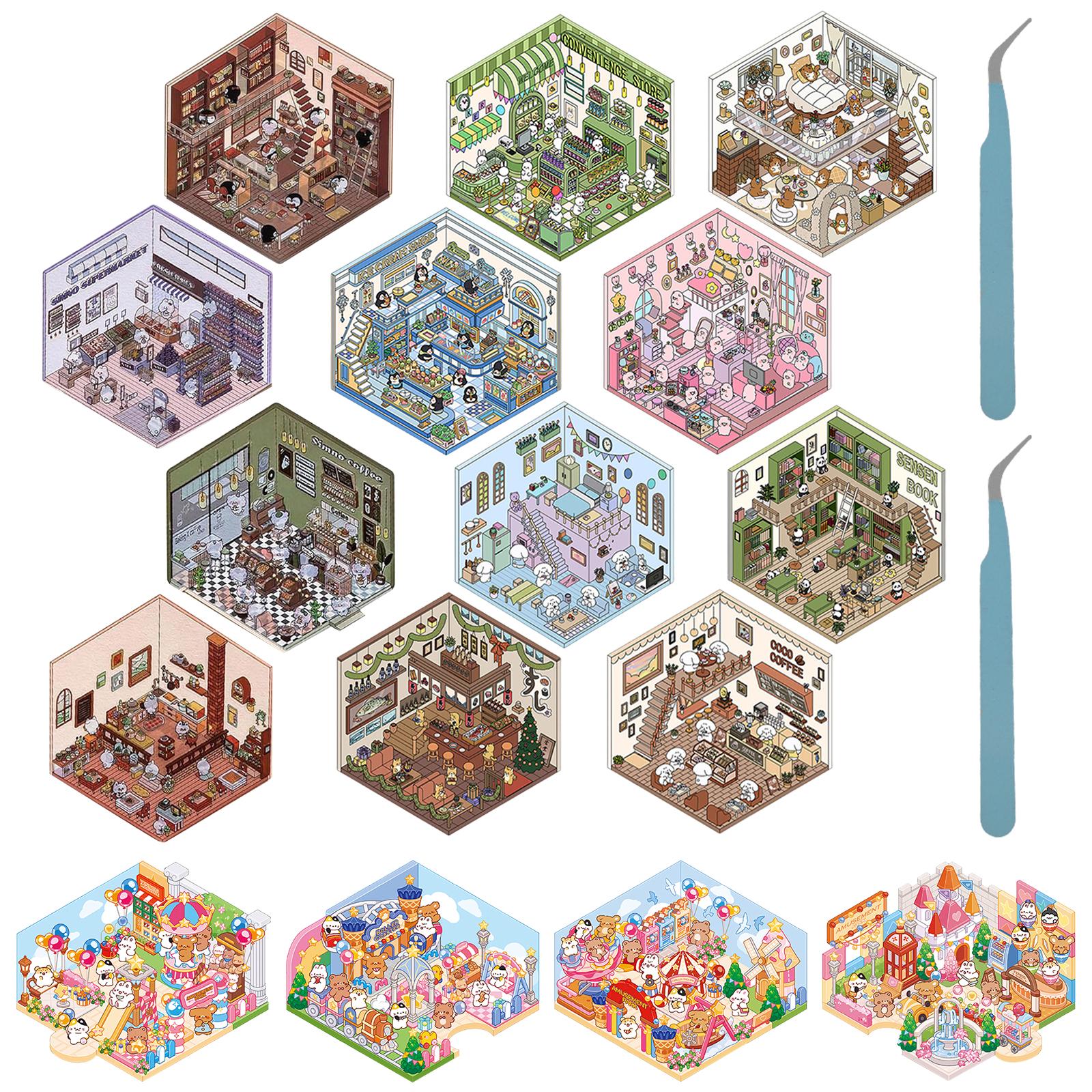 

16Pcs DIY 3D House Stickers with Tweezers Fun DIY 3D Sticker Scene Cute 3D Scene Stickers Creative House Sticker Set for Adults