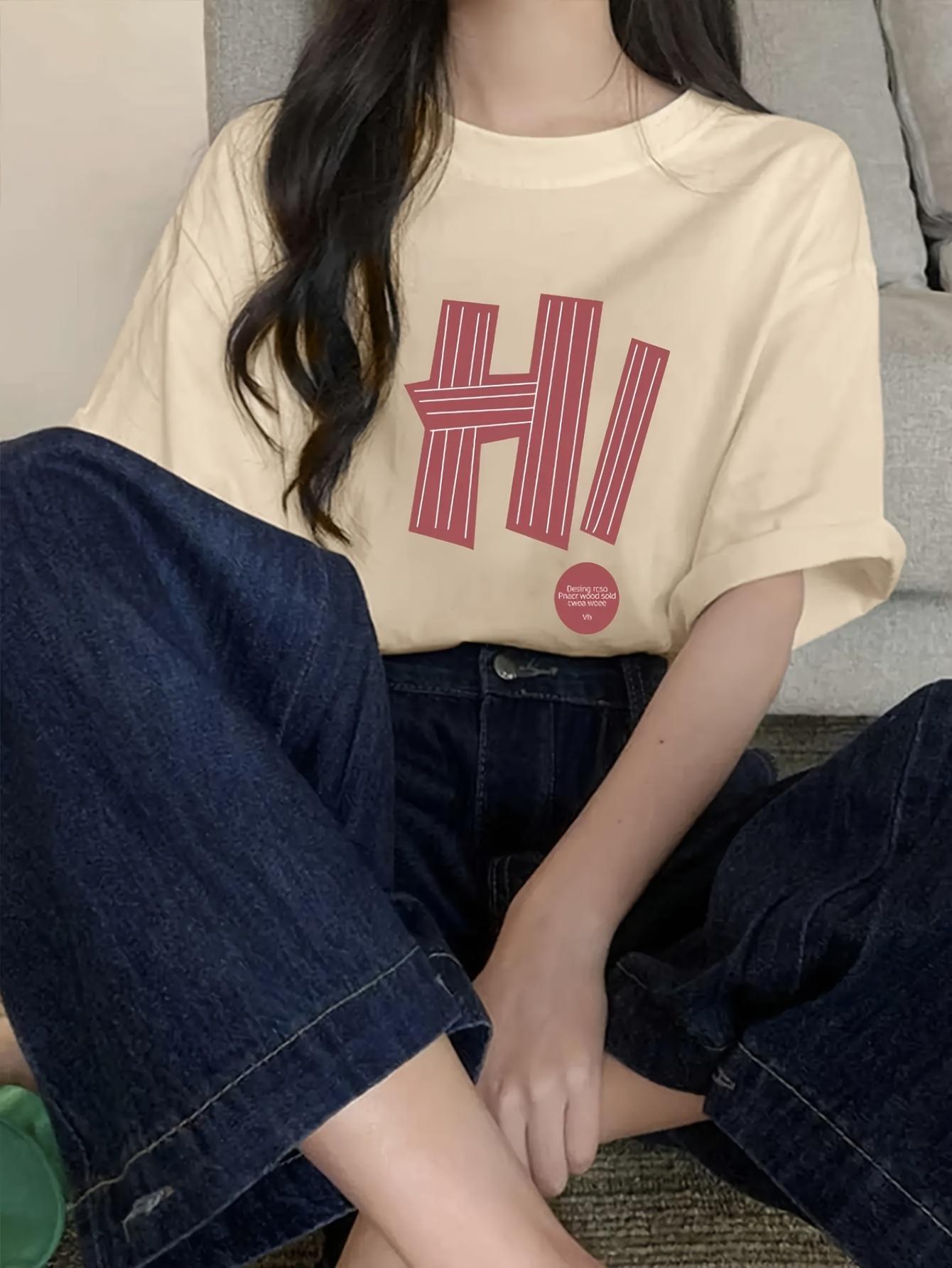

Korean Fashion Women Tshirt Simple Letter H Printed 100 Cotton Tees Summer ONeck Loose Tops Street Casual Female Clothes S