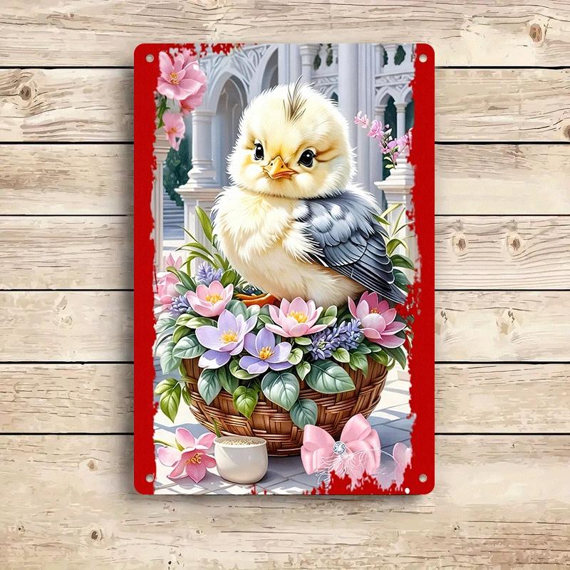 

1 piece of cute and charming chick and floral tin painting wall hanging, European retro architectural background home wall decor (as the picture,20x30cm)