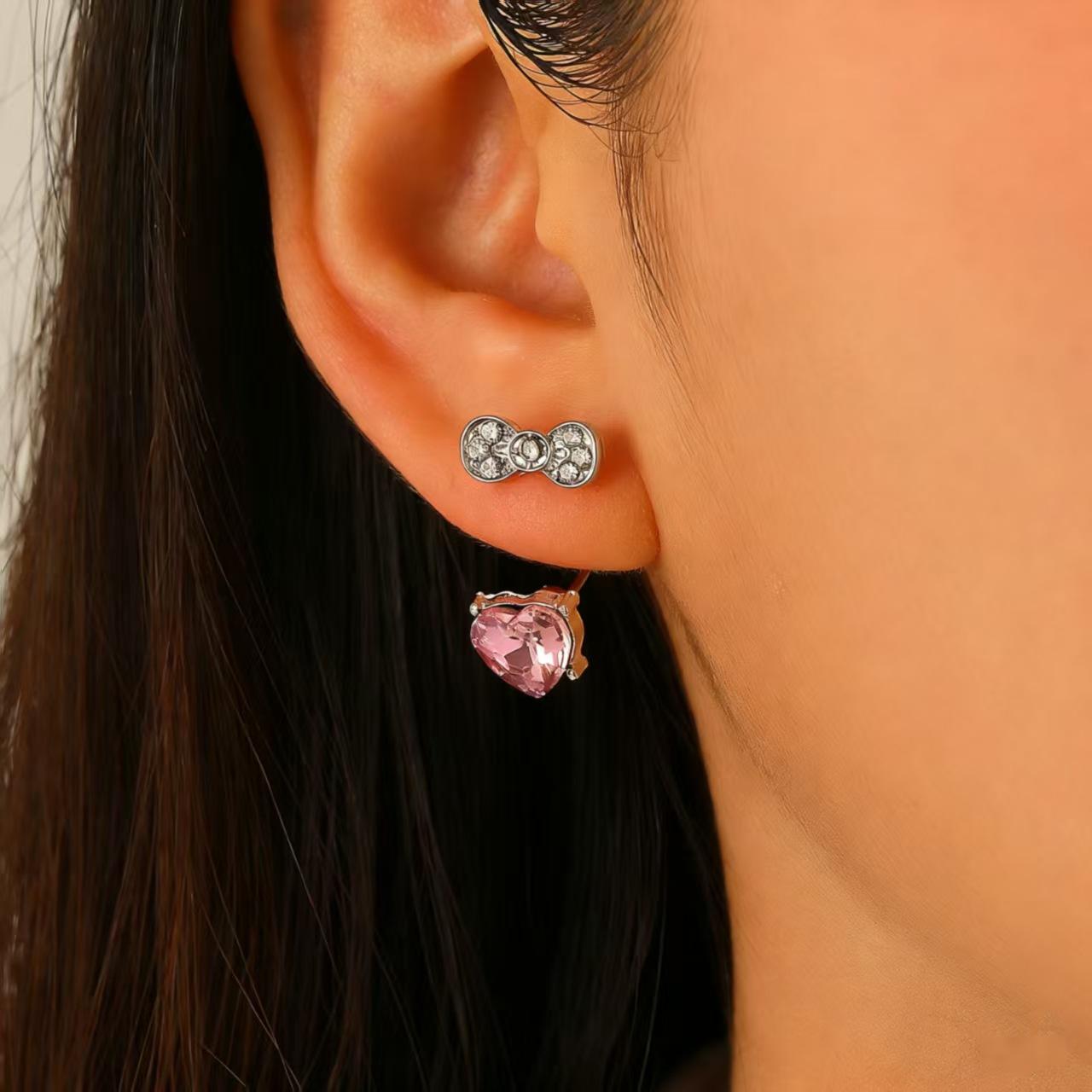 Cute Exquisite Full of Zircon Bowknot Pink Heart-shaped Crystal Stud Earrings for Women Korea Trendy Piercing Jewelry Accessory
