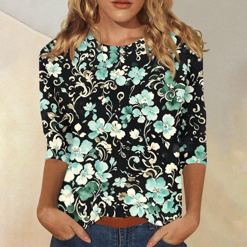 Women's Casual Floral Print Three Quarter Sleeve Top Round Neck Blouse Lightweight Comfortable Fit Suitable for Everyday Wear