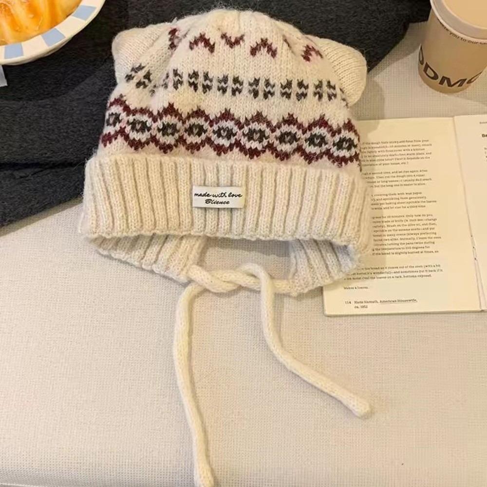 Thickened Winter Beanie With Earmuffs Fair Isle Unisex Warm Hat Cat Ear Knitted Hat Leisure Travel